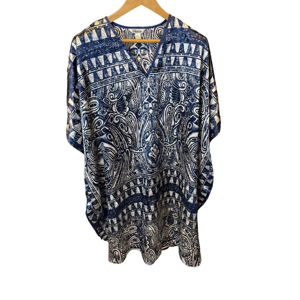 Winlar Blue White Satin Kaftan Mumu One Size Gown